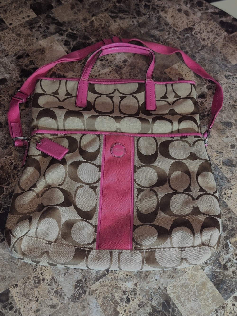Coach Brown Signature Canvas Tote with Pink Trim and Handles 2013 - Picture 6 of 6